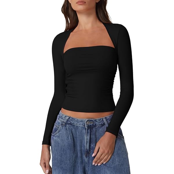 QINSEN Fall Tops for Women Slim Fit Sexy Square Neck T Shirt Long